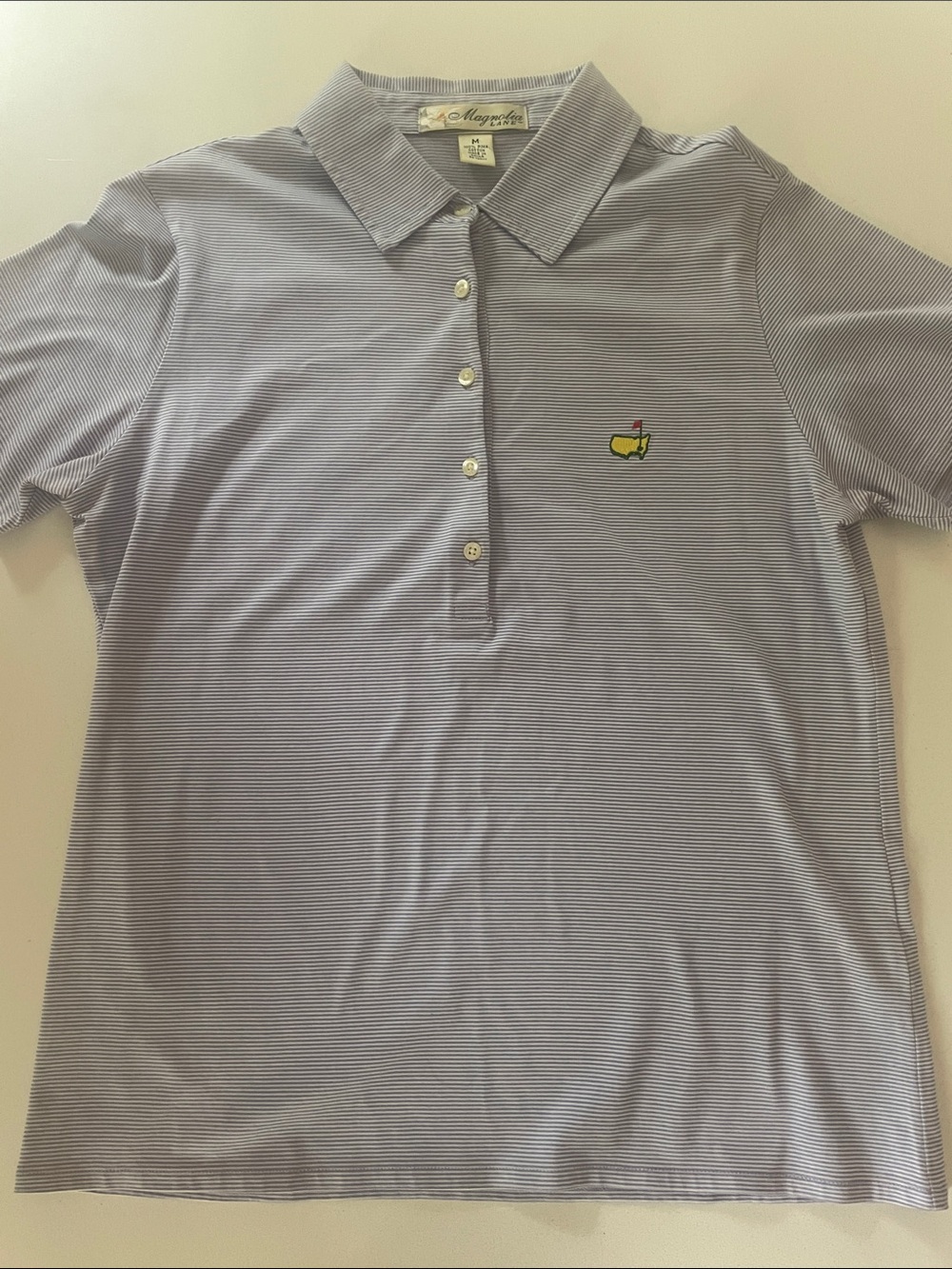 Magnolia Lane Masters Golf Polo Vintage Label Pima Cotton Purple & White Stripe - Picture 2 of 12